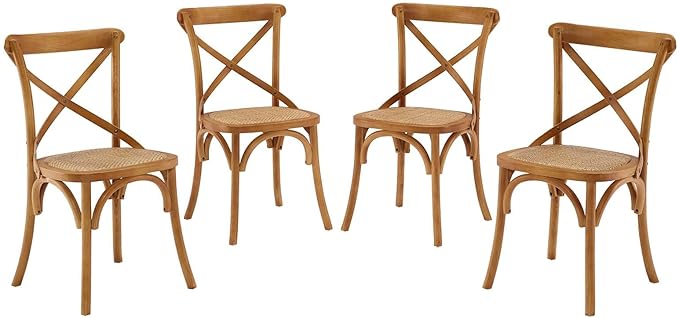 Modway Gear Rustic Modern Farmhouse Elm Wood Rattan Four Dining Chairs in Walnut