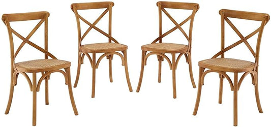 Modway Gear Rustic Modern Farmhouse Elm Wood Rattan Four Dining Chairs in Walnut