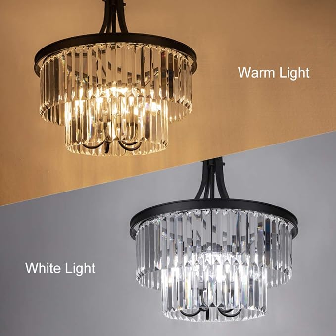 Wellmet Crystal Chandeliers for Dining Room Lights Fixtures, 5 Light Black Chandeliers for Bedroom, 2-Tier Round Crystal Lighting Fixtures for Living Room Entryway Kitchen Island D19.68 Inch