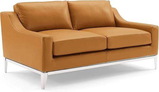 Modway Harness 64" Leather Loveseat in Tan with Stainless Steel Base