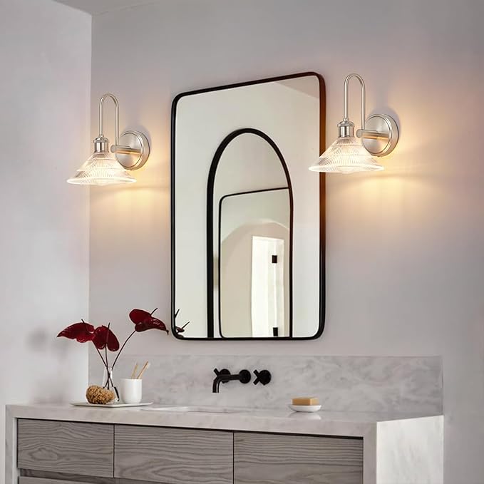 Wall Sconce Set of 2, Nickel Vintage Light Fixtures with Round Clear Glass Lampshade, Hardwired Sconces Wall Lighting for Bedroom, Bathroom, Living Room | Includes 2 LED Bulbs
