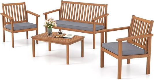 Tangkula 4 Piece Patio Wood Furniture Set, Acacia Wood Sofa Set w/Loveseat, 2 Chairs & Coffee Table, Soft Seat Cushions, Outdoor Wood Furniture Set for Porch, Yard, Balcony (Gray)