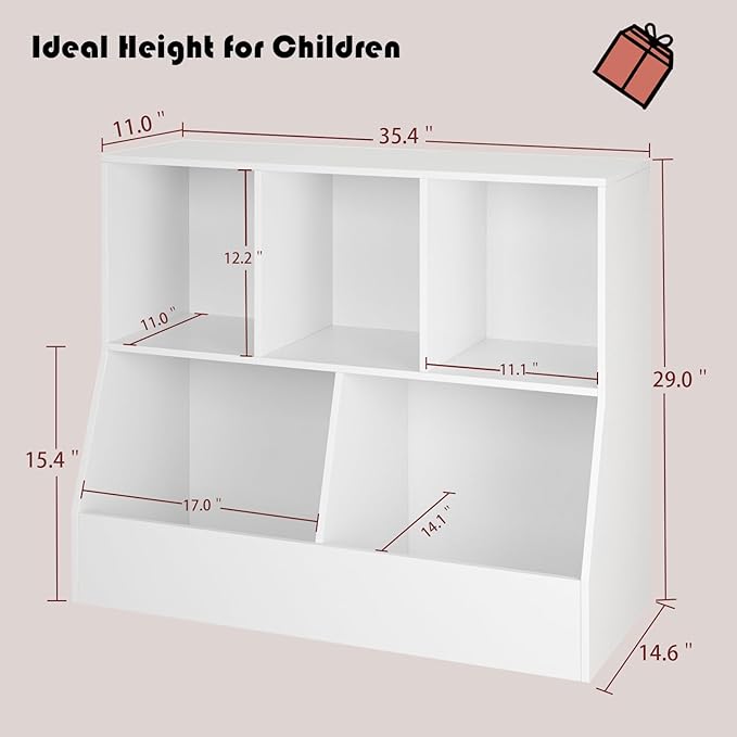 DINZI LVJ Toy Storage Organizer, Kids Bookshelf, Wood Toy Storage Cabinet, 5 Cubby Children Bookcase, 35.4" L Toddler Book Shelf for Playroom, Living Room, Nursery, Hallway, School, White