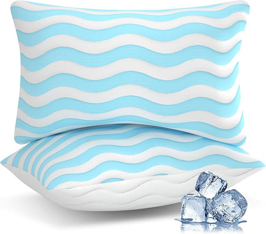Pillows King Size Set of 2 - Cooling Shredded Memory Foam Bed Pillows for Sleeping, Adjustable Loft for Side, Back, and Stomach Sleepers, Medium Firm Support with Washable Cover, Blue