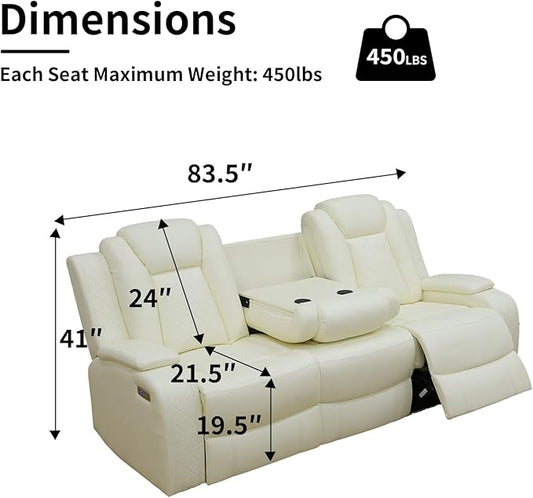 Power Leather Recliner Sofa with LED Light,84" Double Reclining Couch with Drop Down Table/USB Port/Storage Armrest,3 Seater Leather Couch for Living Room Furniture(White,3 Seater Sofa)