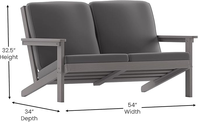 Flash Furniture Charlestown Adirondack Style Deep Seat Patio Loveseat with Cushions - Gray Poly Resin Frame - Gray All-Weather Cushions - Indoor/Outdoor