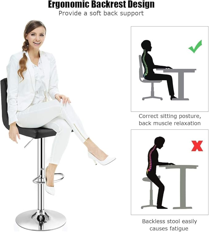 COSTWAY Adjustable Bar Stools Set of 4, Modern Swivel PU Leather Bar Chair with Backrest, Soft Cushioned Seat, Footrest, Sturdy Metal Frame, Comfortable Barstools for Kitchen Island, Pub, Black