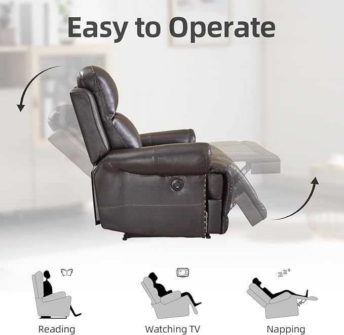EBELLO Faux Leather Electric Reclining Chair, Power One Seat Sofa with USB and Type-C Charging Ports, Vintage Rivet Design for Small Living Room, Bedroom and Meeting Room, Brown