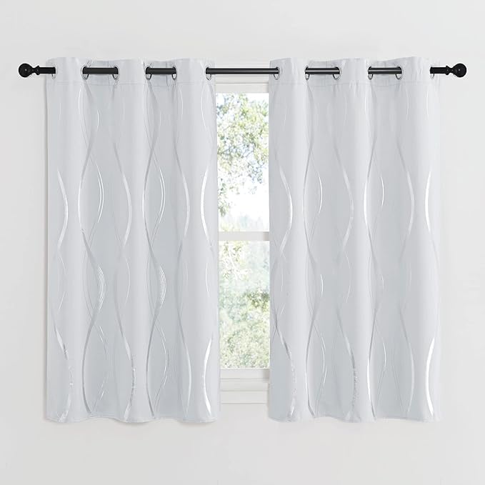 NICETOWN Greyish White Wave Line Printed Curtain 2 Panels Set for Cafe, 42 by 54, Room Darkening Window Treatment Thermal Insulated Grommet Top Drapes for Bedroom