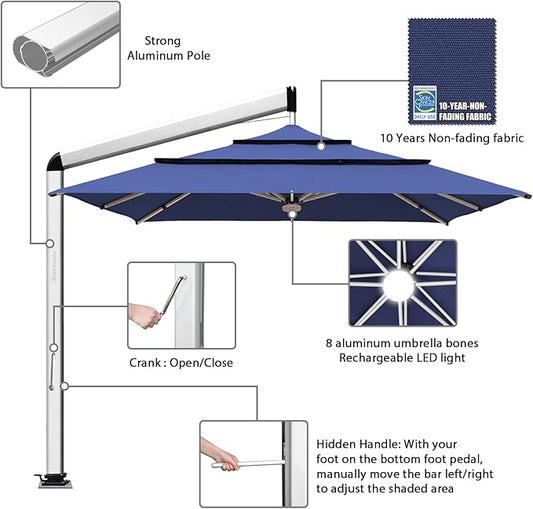 EliteShade USA Atlas 3-Tier 10x10FT Full Aluminum Cantilever Patio Umbrella for Outdoor Restaurant Garden Courtyard Deck Pool and Marketing with Light (No battery), Navy Blue