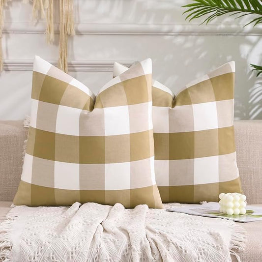 CARRIE HOME Brown Buffalo Check Plaid Couch Pillow Covers 18x18 Set of 2, Neutral Modern Farmhouse Dark Brown Khaki Tan Throw Pillows 18 x 18 for Living Room Sofa (No Pillow Inserts)