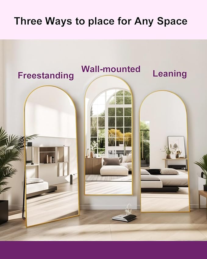 58"x18" Arched Full Length Mirror - Floor Standing or Wall Mounted with Stand, Aluminum Frame & Shatter-Proof Glass, Gold Freestanding Mirror for Bedroom, Living Room, Entryway Decor