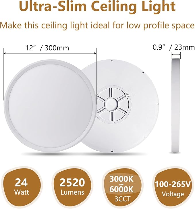 4PK 12 Inch LED Flush Mount Ceiling Light, 24W, 2520LM, 3000K/4000K/6000K CCT Selectable, 0.9inch Super Slim LED Ceiling Light Fixtures, Low Profile Round Flat Panel Light for Bedroom,Kitchen,Hallway