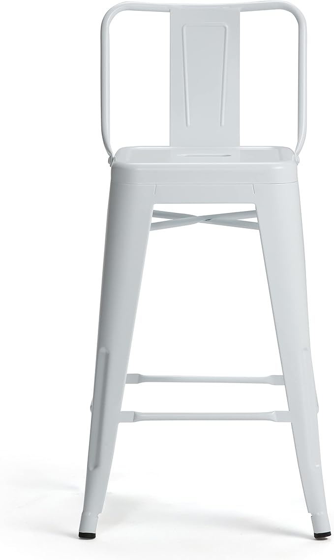 SIMPLIHOME Rayne Counter Stools (Set of 2) - 24 Inch Seat Height Metal Kitchen Seats in White, Industrial Seating for Dining Room or Kitchen with Curved Backrest and Footrest