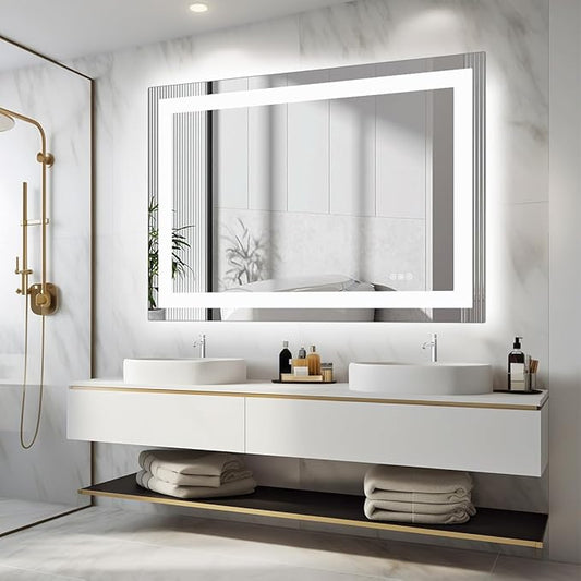 Simple Deluxe LED Bathroom Mirror 36x48 Inch Tempered Glass - Frameless LED Backlit Lighted Mirror for Bathroom Vanity with Anti-Fog, 3 Colors Dimmable, Memory Function, Wall-Mounted