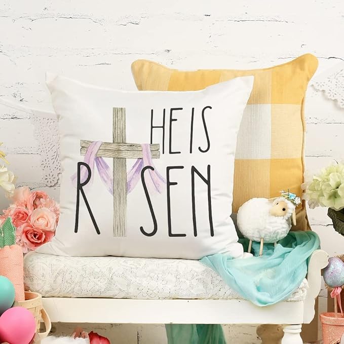GEEORY Happy Easter Throw Pillow Covers 18x18 Set of 4 Bunny He is Risen Cross Eggs Spring Home Decor for Couch G261-18