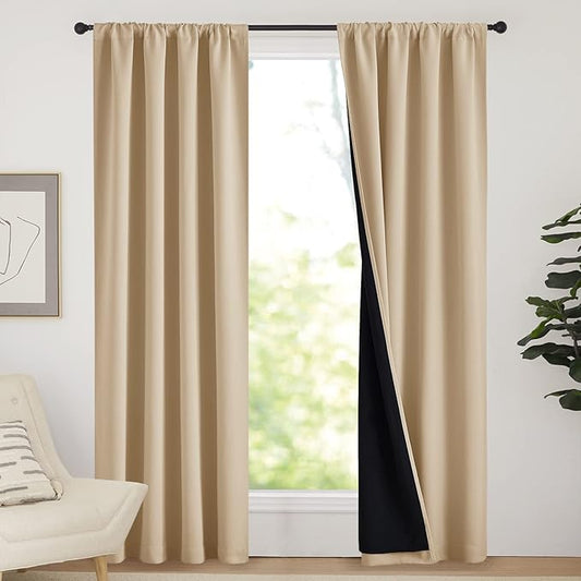 NICETOWN Living Room Completely Shaded Draperies, Privacy Protection & Noise Reducing Drapes, Black Lined Rod Pocket Window Treatment Curtain Panels(Biscotti Beige, 2 Pieces, W42 x L84)