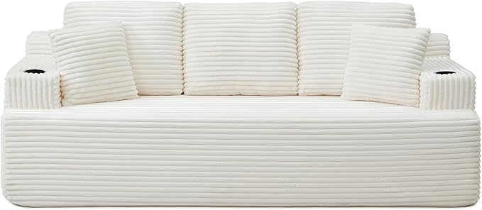 Eafurn Floor Loveseat Boneless Sofa Couch in a Box with Cup Holder and Side Pockets, 3 Seater Comfy Corduroy Upholstered Foam Couch with Deep Seating for Living Room,No Assembly | Breathable material, Cupholders