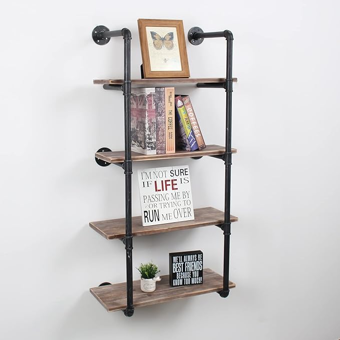 MBQQ Industrial Pipe Shelving Wall Mounted,24in Rustic Metal Floating Shelves,Steampunk Real Wood Book Shelves,Wall Shelf Unit Bookshelf Hanging Wall Shelves,Farmhouse Kitchen Bar Shelving(4 Tier)