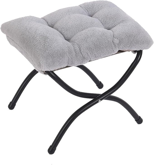 Welnow Folding Foot Stool, Upholstered Small Accent Ottoman with Detachable Thick Cotton Cushion Padded Sofa Stool and Metal Frame for Lazy Chair, Living Room, Bedroom, Plush Grey