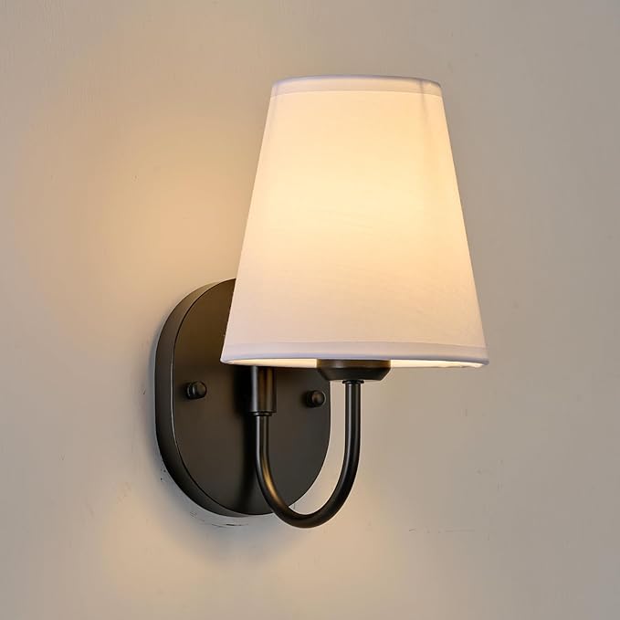 Hardwired Set of 2 Black Metal Wall Sconces with White Fabric Shades – Small Modern Wall Lights for Bedroom, Hallway, Bathroom,Staircase