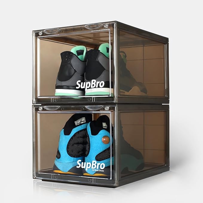 SupBro Collection Crate - Easy Access Storage Shoes Box -Plastic Foldable Stackable Sneaker Display Storage with Clear Front Door Organizer-2 Pack (Steel Flash)