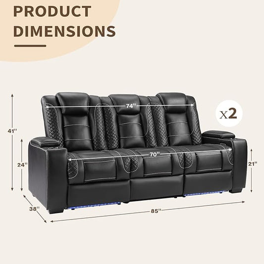 ANJ Modular Power Recliner Set: 5-Seat Home Theater Seating with 2 Loveseats (Center Console & Fixed Middle), LED Lights, USB Charging, Faux Leather for Living Room (Black)