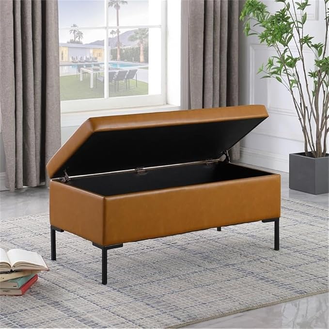 HomePop Upholstered Storage Bench with Metal Leg|Homepop Home Décor|Bench with Storage for Living Room & Entryway - Faux Leather Brown