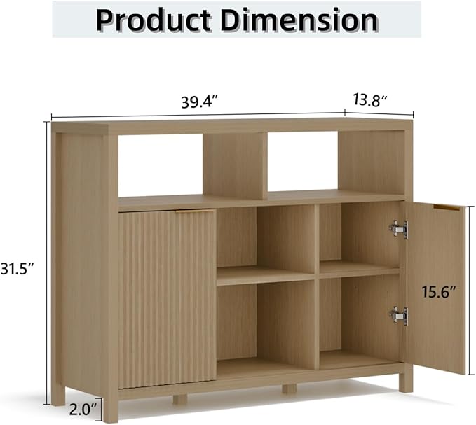 FONTOI Sideboard Buffet Cabinet, Thicken Wood Storage Cabinet with 4 Large Open Shelf, Farmhouse Credenzas with 2 Fluted Doors, Modern Accent Buffet Credenzas for Living Room, Entryway, Natural