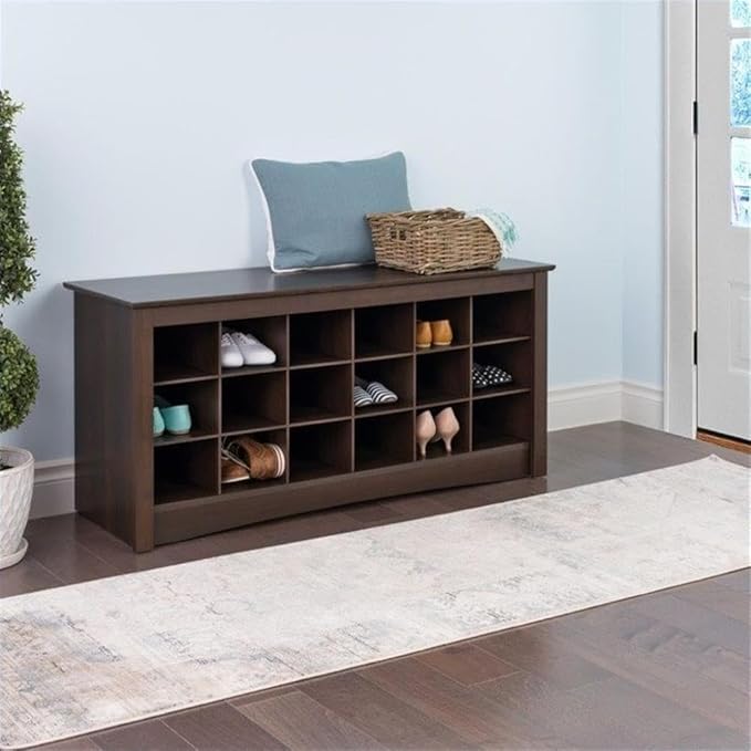 Prepac Brown Shoe Cabinet, Entryway Bench, Mud Room Organization and Storage Bench with 18 Shoe Cubbies 16"D x 48"W x 24"H