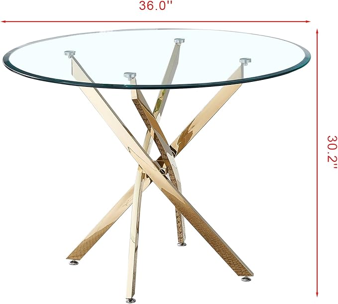 36" Coffe Table with Transparent Tempered Top,Round Glass Dining Desk for 4 W/Stainless Steel Feet,for Kitchen Living Room Gathering,in Gold/Clear Finish