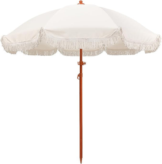 Jihfmo 7.3ft Boho Beach Umbrella with Integrated Sand Anchor & Reinforced 8mm Ribs – Heavy Duty Windproof Fringe Patio Umbrella, UPF 50+ Sun Shade with Tilt Mechanism & Carry Bag for Outdoor, Garden, Seaside (Cream/White)