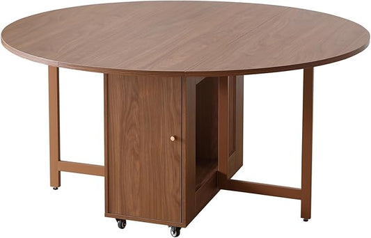 47.3" Round Folding Dining Table for 4-8, Wood Kitchen Foldable Table Large Drop Leaf Dinner Table with Storage Shelf Metal Legs for Home Dining Room Living Room in Walnut