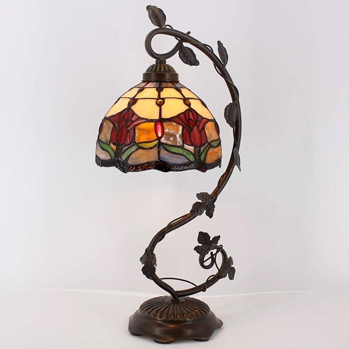 WERFACTORY Tiffany Lamp Red Stained Glass Tulip Table Lamp, Metal Leaf Base 8X10X21 Inches Reading Desk Light Decor Small Space Bedroom Home Office S030 Series