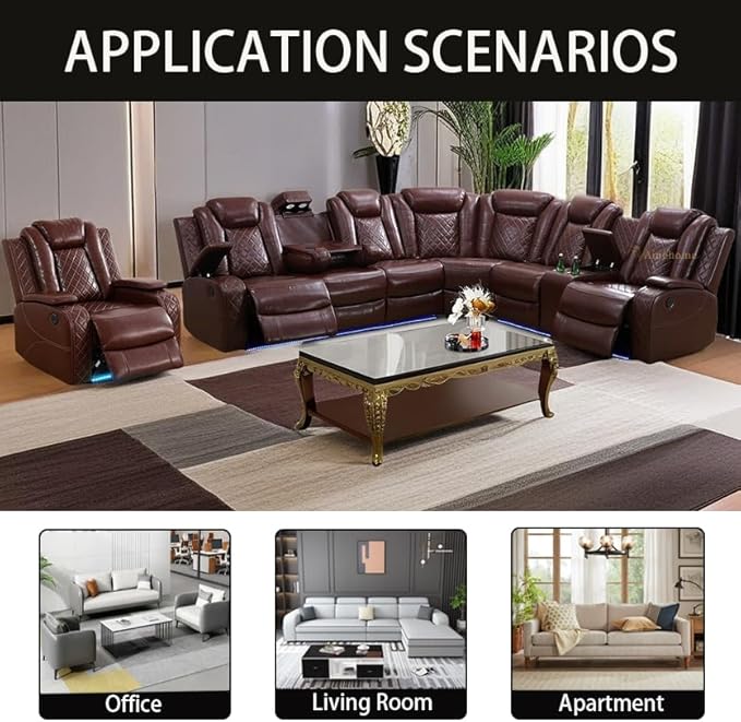 A Ainehome Leather Power Recliner Furniture Sofa Set, Power Recliner Adjustable Sofa, Loveseat and Chair with USB Chargers/Cup Holder for Living Room/Office(A-Brown)