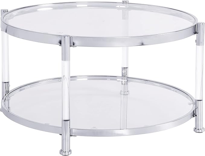 Tempered Glass Round Coffee Table, 28" Modern Acrylic Legs Circle Center Table for Living Room