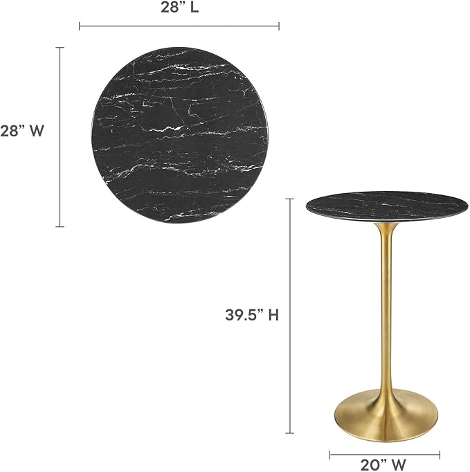 Modway Lippa Round 28" Artificial Marble Mid-Century Modern Bar Table in Gold Black