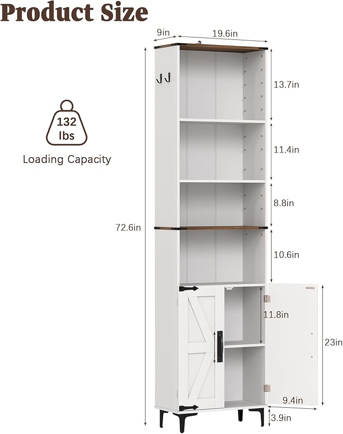 6 Tier Bookshelf with Doors and Adjustable Shelf, 72in Tall Bookcase with Storage Cabinet, White Farmhouse Bookshelves Wood for Living Room, Bedroom, Home Office
