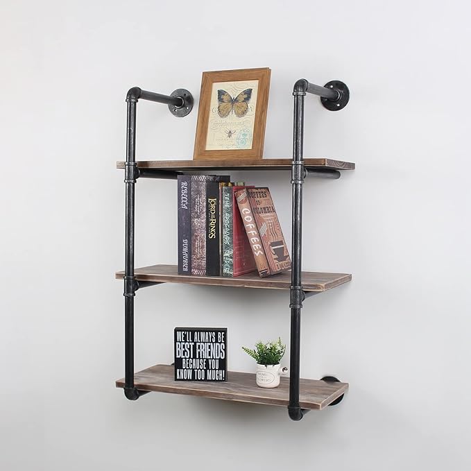 MBQQ Industrial Pipe Shelving Wall Mounted,24in Rustic Metal Floating Shelves,Steampunk Real Wood Book Shelves,Wall Shelf Unit Bookshelf Hanging Wall Shelves,Farmhouse Kitchen Bar Shelving(3 Tier)
