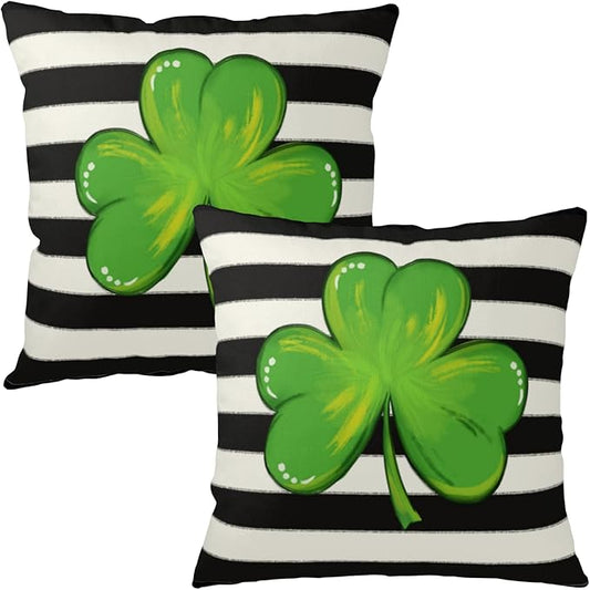 St Patricks Day Throw Pillow Covers 24x24 Set of 2 Black White Striped Green Shamrock Clover Pillow Covers Holiday Spring St Patricks Decorative Pillow Cases for Bed Couch Sofa