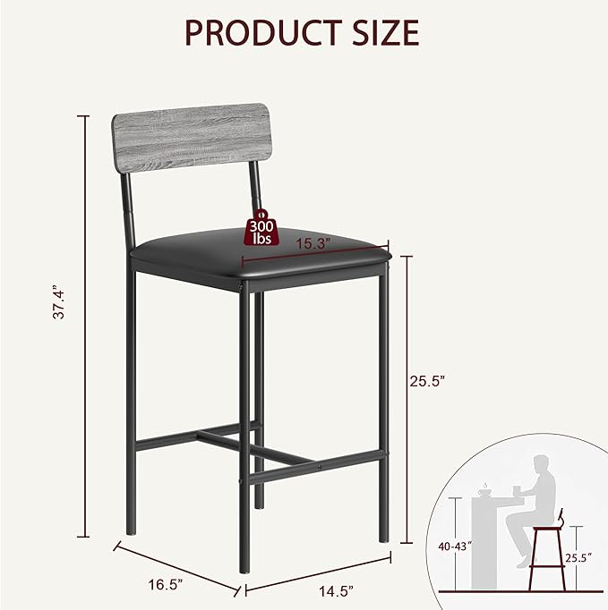 Amyove Bar Stools Set of 2, Upholstered Bar Chairs with Back, 25.5 Inches Kitchen Bar Stools with Footrest, Thick Cushion, Counter Height Barstools for Island, Counter Bar, Easy Assembly, Rustic Grey
