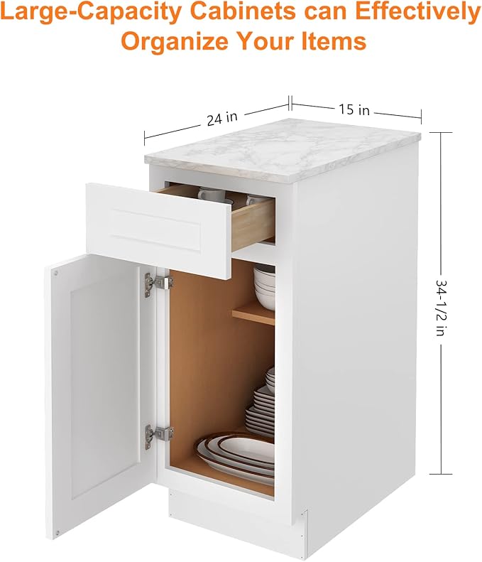 LOVMOR Kitchen Base Cabinets, Sideboard Storage Cabinet, Entryway Cabinet with 1-Drawer & Adjustable Shelf, 15" W X 24" D X 34-1/2"H