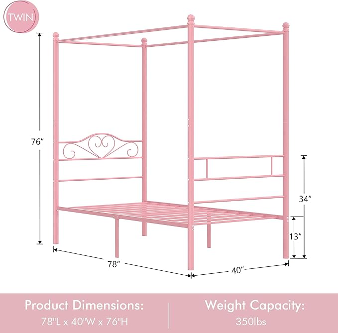 VECELO Twin Canopy Bed Frame with Headboard and Footboard, Metal Four Posters Design, Mattress Foundation Platform with Steel Slats Support, Underbed Storage Space, No Box Spring Needed, Pink