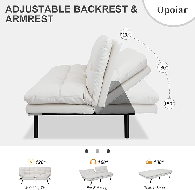 Opoiar Leather White Futon Sofa Bed Convertible Memory Foam Couch Bed Futon Sets Folding Modern Sleeper Sofa Loveseat for Studio,Drom,Apartment,Game Room and Small Space