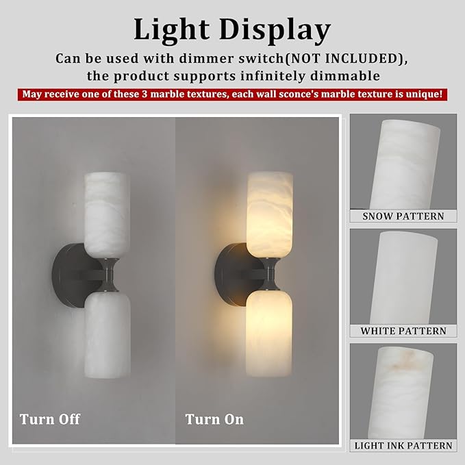 Alabaster Wall Sconce 14in Black Sconces Wall Lighting, Imported Alabaster Modern Marble Bathroom Vanity Sconces, Black Sconce Wall Decor, for Bedroom Living Room Staircases Hallway Foyer