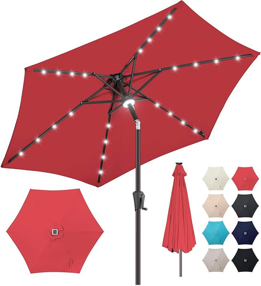 7.5ft Solar Umbrella Outdoor - Lighted Solar Patio Umbrella with 24 LED Lights Waterprool UV Protection, Table Umbrella with Tilt for Pool, Porch, Garden, Deck, Backyard (Red)