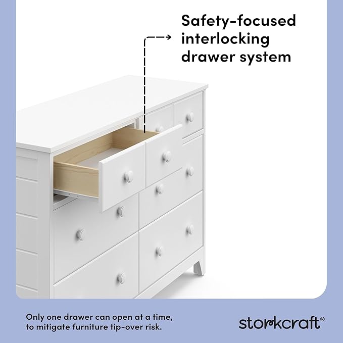 Storkcraft Moss 6 Drawer Dresser (White) – GREENGUARD Gold Certified Nursery Dresser, Safety-Focused Interlocking Drawer System, Chest of Drawers for Bedroom, Wood Craftsmanship