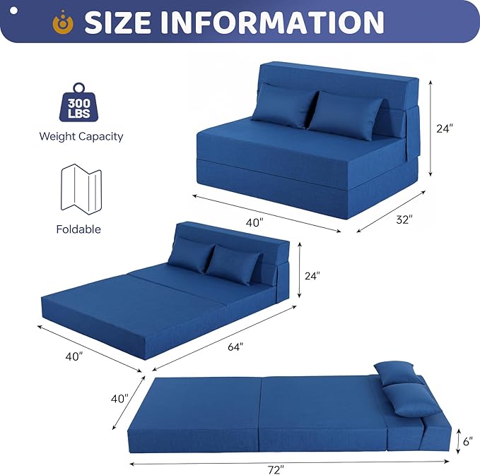 Fvkind Folding Sofa Bed, Foldable Sleeper Chair with Pillow, Convertible Fold Out Chair Bed with Washable Cover, Foldable Mattress for Living Room, Bedroom, Guest Room, Standard Size, Blue