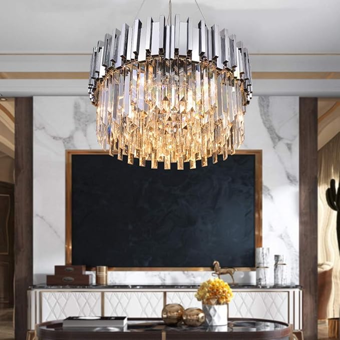 Modern Crystal Chandelier Lighting Chrome Pendant Lights Fixture with Stainless Steel Shade Island Chandeliers Ceiling Dining Room Living Room Contemporary Kitchen Dimmable 9-Lights