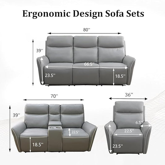2 Piece Power Recliner Sofa for Living Room, Breathing Leather Reclining Couch and Loveseat Set with LED Lighting, Cup Holders, Storage Console&USB Port for Home Theater Seating (Light Grey)